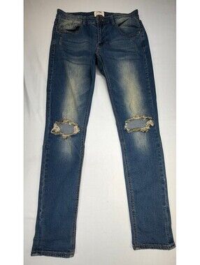 KDNK Men's Skinny Jeans Slim Fit Distressed Cutout Med Wash Size 32 Blue